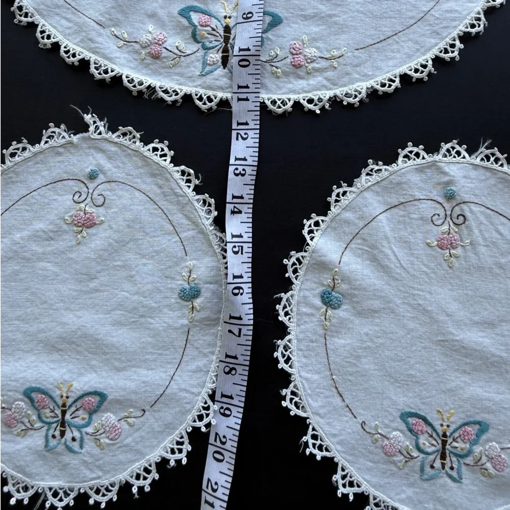 Vintage Embroidered Butterfly Lace Doilies Set of 3 White Blue Pink Floral‎